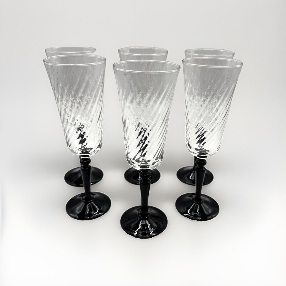 Cristal D'Arques Luminarc Onyx Optic Swirl Black Stem Champagne Flute 7" France